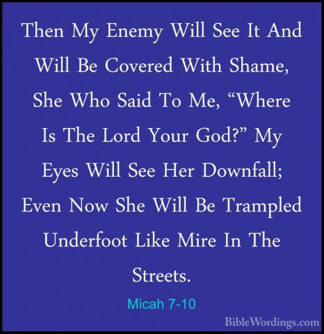 Micah 7-10 - Then My Enemy Will See It And Will Be Covered With SThen My Enemy Will See It And Will Be Covered With Shame, She Who Said To Me, "Where Is The Lord Your God?" My Eyes Will See Her Downfall; Even Now She Will Be Trampled Underfoot Like Mire In The Streets. 