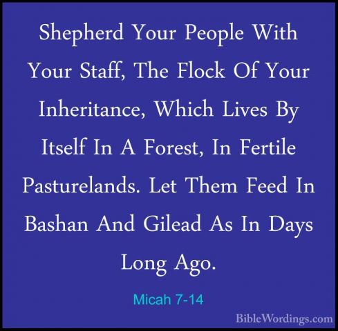 Micah 7-14 - Shepherd Your People With Your Staff, The Flock Of YShepherd Your People With Your Staff, The Flock Of Your Inheritance, Which Lives By Itself In A Forest, In Fertile Pasturelands. Let Them Feed In Bashan And Gilead As In Days Long Ago. 