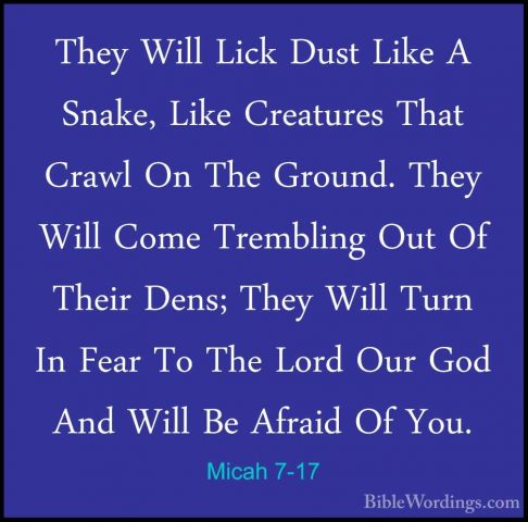 Micah 7-17 - They Will Lick Dust Like A Snake, Like Creatures ThaThey Will Lick Dust Like A Snake, Like Creatures That Crawl On The Ground. They Will Come Trembling Out Of Their Dens; They Will Turn In Fear To The Lord Our God And Will Be Afraid Of You. 