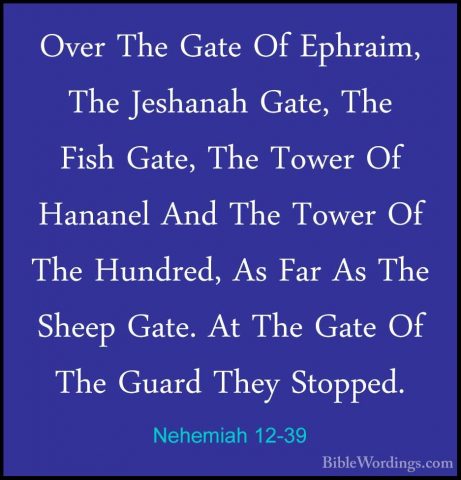 Nehemiah 12-39 - Over The Gate Of Ephraim, The Jeshanah Gate, TheOver The Gate Of Ephraim, The Jeshanah Gate, The Fish Gate, The Tower Of Hananel And The Tower Of The Hundred, As Far As The Sheep Gate. At The Gate Of The Guard They Stopped. 