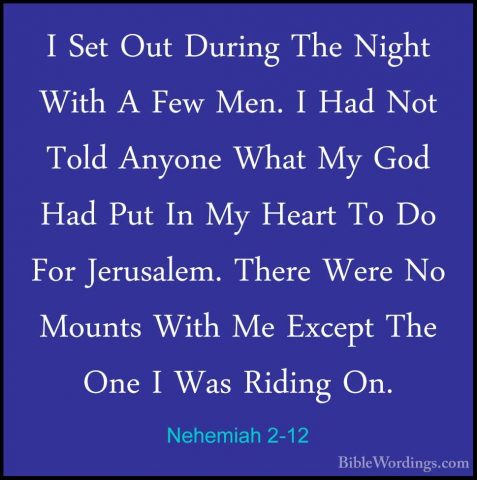 Nehemiah 2-12 - I Set Out During The Night With A Few Men. I HadI Set Out During The Night With A Few Men. I Had Not Told Anyone What My God Had Put In My Heart To Do For Jerusalem. There Were No Mounts With Me Except The One I Was Riding On. 