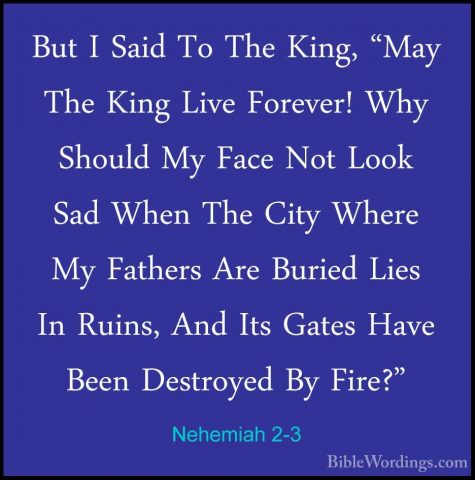 Nehemiah 2-3 - But I Said To The King, "May The King Live ForeverBut I Said To The King, "May The King Live Forever! Why Should My Face Not Look Sad When The City Where My Fathers Are Buried Lies In Ruins, And Its Gates Have Been Destroyed By Fire?" 