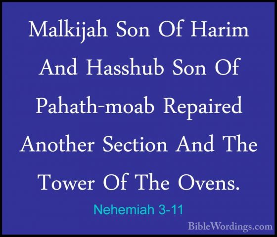 Nehemiah 3-11 - Malkijah Son Of Harim And Hasshub Son Of Pahath-mMalkijah Son Of Harim And Hasshub Son Of Pahath-moab Repaired Another Section And The Tower Of The Ovens. 