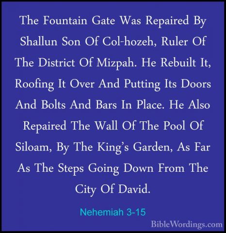 Nehemiah 3-15 - The Fountain Gate Was Repaired By Shallun Son OfThe Fountain Gate Was Repaired By Shallun Son Of Col-hozeh, Ruler Of The District Of Mizpah. He Rebuilt It, Roofing It Over And Putting Its Doors And Bolts And Bars In Place. He Also Repaired The Wall Of The Pool Of Siloam, By The King's Garden, As Far As The Steps Going Down From The City Of David. 