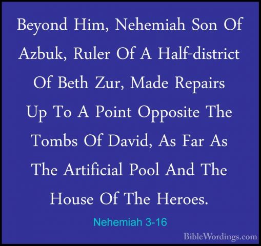 Nehemiah 3-16 - Beyond Him, Nehemiah Son Of Azbuk, Ruler Of A HalBeyond Him, Nehemiah Son Of Azbuk, Ruler Of A Half-district Of Beth Zur, Made Repairs Up To A Point Opposite The Tombs Of David, As Far As The Artificial Pool And The House Of The Heroes. 