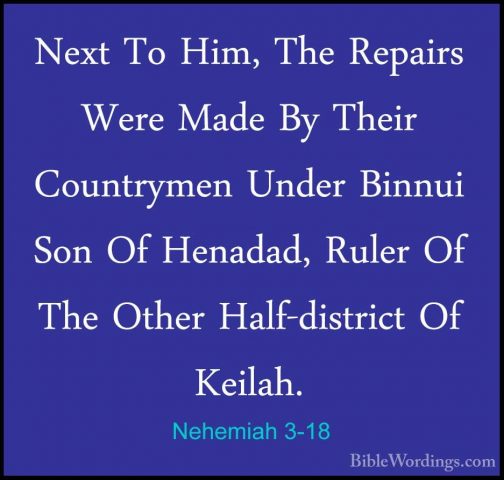 Nehemiah 3-18 - Next To Him, The Repairs Were Made By Their CountNext To Him, The Repairs Were Made By Their Countrymen Under Binnui Son Of Henadad, Ruler Of The Other Half-district Of Keilah. 