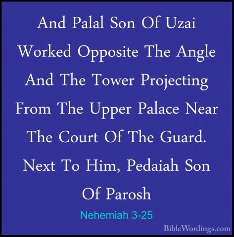 Nehemiah 3-25 - And Palal Son Of Uzai Worked Opposite The Angle AAnd Palal Son Of Uzai Worked Opposite The Angle And The Tower Projecting From The Upper Palace Near The Court Of The Guard. Next To Him, Pedaiah Son Of Parosh 