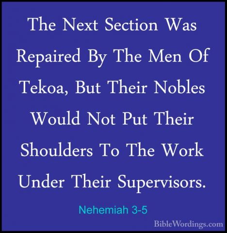 Nehemiah 3-5 - The Next Section Was Repaired By The Men Of Tekoa,The Next Section Was Repaired By The Men Of Tekoa, But Their Nobles Would Not Put Their Shoulders To The Work Under Their Supervisors. 