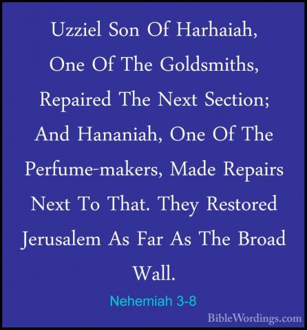 Nehemiah 3-8 - Uzziel Son Of Harhaiah, One Of The Goldsmiths, RepUzziel Son Of Harhaiah, One Of The Goldsmiths, Repaired The Next Section; And Hananiah, One Of The Perfume-makers, Made Repairs Next To That. They Restored Jerusalem As Far As The Broad Wall. 