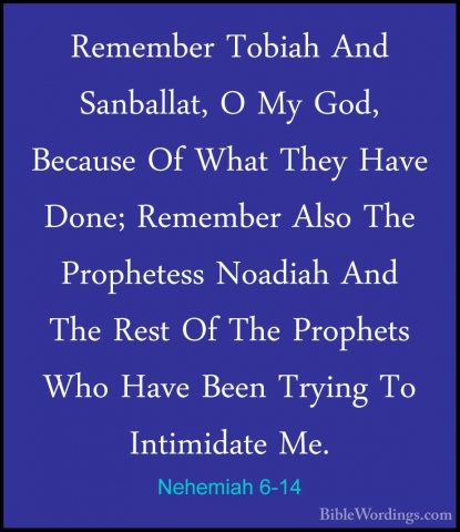Nehemiah 6-14 - Remember Tobiah And Sanballat, O My God, BecauseRemember Tobiah And Sanballat, O My God, Because Of What They Have Done; Remember Also The Prophetess Noadiah And The Rest Of The Prophets Who Have Been Trying To Intimidate Me. 
