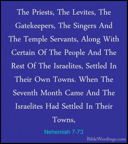 Nehemiah 7-73 - The Priests, The Levites, The Gatekeepers, The SiThe Priests, The Levites, The Gatekeepers, The Singers And The Temple Servants, Along With Certain Of The People And The Rest Of The Israelites, Settled In Their Own Towns. When The Seventh Month Came And The Israelites Had Settled In Their Towns,