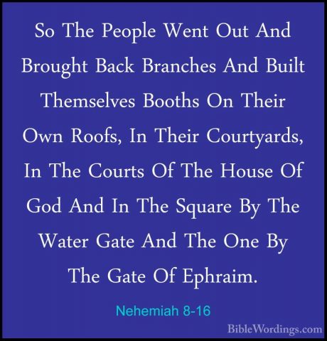 Nehemiah 8-16 - So The People Went Out And Brought Back BranchesSo The People Went Out And Brought Back Branches And Built Themselves Booths On Their Own Roofs, In Their Courtyards, In The Courts Of The House Of God And In The Square By The Water Gate And The One By The Gate Of Ephraim. 