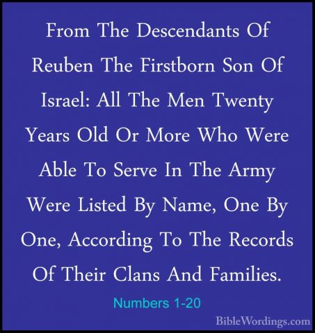 Numbers 1-20 - From The Descendants Of Reuben The Firstborn Son OFrom The Descendants Of Reuben The Firstborn Son Of Israel: All The Men Twenty Years Old Or More Who Were Able To Serve In The Army Were Listed By Name, One By One, According To The Records Of Their Clans And Families. 