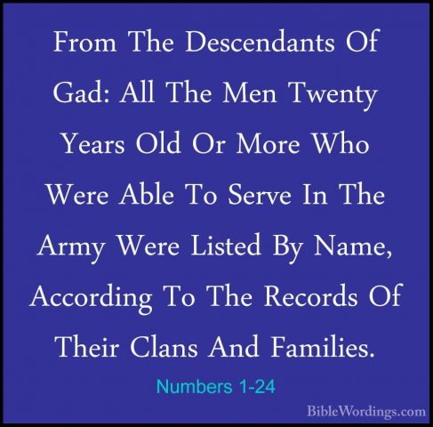Numbers 1-24 - From The Descendants Of Gad: All The Men Twenty YeFrom The Descendants Of Gad: All The Men Twenty Years Old Or More Who Were Able To Serve In The Army Were Listed By Name, According To The Records Of Their Clans And Families. 
