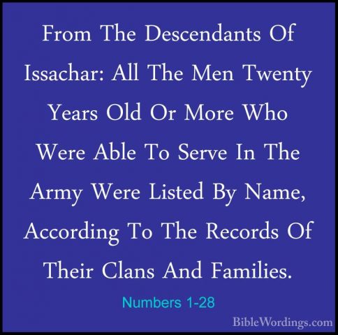 Numbers 1-28 - From The Descendants Of Issachar: All The Men TwenFrom The Descendants Of Issachar: All The Men Twenty Years Old Or More Who Were Able To Serve In The Army Were Listed By Name, According To The Records Of Their Clans And Families. 