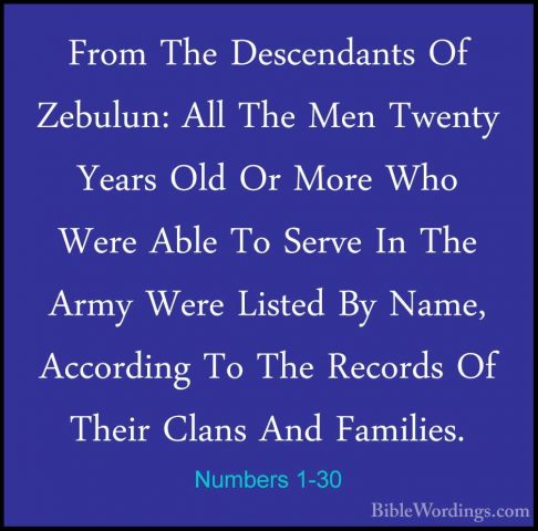Numbers 1-30 - From The Descendants Of Zebulun: All The Men TwentFrom The Descendants Of Zebulun: All The Men Twenty Years Old Or More Who Were Able To Serve In The Army Were Listed By Name, According To The Records Of Their Clans And Families. 