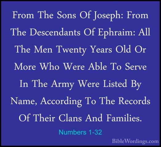 Numbers 1-32 - From The Sons Of Joseph: From The Descendants Of EFrom The Sons Of Joseph: From The Descendants Of Ephraim: All The Men Twenty Years Old Or More Who Were Able To Serve In The Army Were Listed By Name, According To The Records Of Their Clans And Families. 