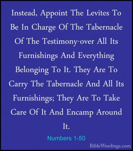 Numbers 1-50 - Instead, Appoint The Levites To Be In Charge Of ThInstead, Appoint The Levites To Be In Charge Of The Tabernacle Of The Testimony-over All Its Furnishings And Everything Belonging To It. They Are To Carry The Tabernacle And All Its Furnishings; They Are To Take Care Of It And Encamp Around It. 