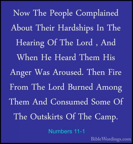Numbers 11-1 - Now The People Complained About Their Hardships InNow The People Complained About Their Hardships In The Hearing Of The Lord , And When He Heard Them His Anger Was Aroused. Then Fire From The Lord Burned Among Them And Consumed Some Of The Outskirts Of The Camp. 