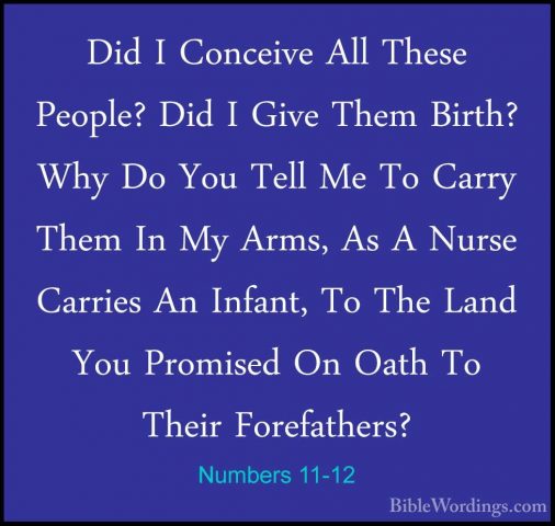 Numbers 11-12 - Did I Conceive All These People? Did I Give ThemDid I Conceive All These People? Did I Give Them Birth? Why Do You Tell Me To Carry Them In My Arms, As A Nurse Carries An Infant, To The Land You Promised On Oath To Their Forefathers? 