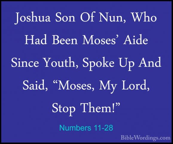 Numbers 11-28 - Joshua Son Of Nun, Who Had Been Moses' Aide SinceJoshua Son Of Nun, Who Had Been Moses' Aide Since Youth, Spoke Up And Said, "Moses, My Lord, Stop Them!" 