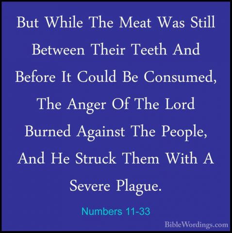 Numbers 11-33 - But While The Meat Was Still Between Their TeethBut While The Meat Was Still Between Their Teeth And Before It Could Be Consumed, The Anger Of The Lord Burned Against The People, And He Struck Them With A Severe Plague. 