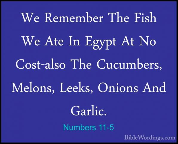 Numbers 11-5 - We Remember The Fish We Ate In Egypt At No Cost-alWe Remember The Fish We Ate In Egypt At No Cost-also The Cucumbers, Melons, Leeks, Onions And Garlic. 