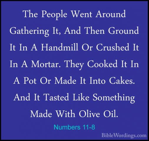 Numbers 11-8 - The People Went Around Gathering It, And Then GrouThe People Went Around Gathering It, And Then Ground It In A Handmill Or Crushed It In A Mortar. They Cooked It In A Pot Or Made It Into Cakes. And It Tasted Like Something Made With Olive Oil. 