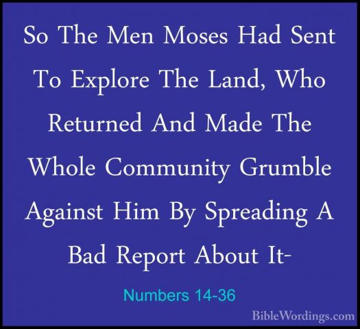 Numbers 14-36 - So The Men Moses Had Sent To Explore The Land, WhSo The Men Moses Had Sent To Explore The Land, Who Returned And Made The Whole Community Grumble Against Him By Spreading A Bad Report About It- 