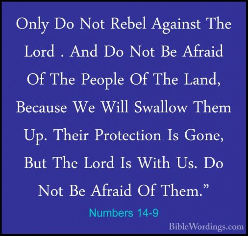 Numbers 14-9 - Only Do Not Rebel Against The Lord . And Do Not BeOnly Do Not Rebel Against The Lord . And Do Not Be Afraid Of The People Of The Land, Because We Will Swallow Them Up. Their Protection Is Gone, But The Lord Is With Us. Do Not Be Afraid Of Them." 