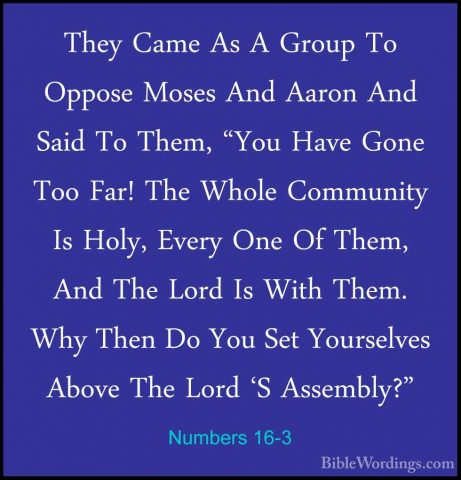 Numbers 16-3 - They Came As A Group To Oppose Moses And Aaron AndThey Came As A Group To Oppose Moses And Aaron And Said To Them, "You Have Gone Too Far! The Whole Community Is Holy, Every One Of Them, And The Lord Is With Them. Why Then Do You Set Yourselves Above The Lord 'S Assembly?" 