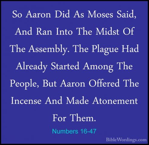 Numbers 16-47 - So Aaron Did As Moses Said, And Ran Into The MidsSo Aaron Did As Moses Said, And Ran Into The Midst Of The Assembly. The Plague Had Already Started Among The People, But Aaron Offered The Incense And Made Atonement For Them. 