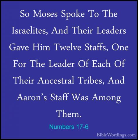 Numbers 17-6 - So Moses Spoke To The Israelites, And Their LeaderSo Moses Spoke To The Israelites, And Their Leaders Gave Him Twelve Staffs, One For The Leader Of Each Of Their Ancestral Tribes, And Aaron's Staff Was Among Them. 