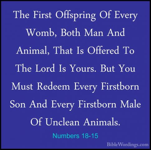 Numbers 18-15 - The First Offspring Of Every Womb, Both Man And AThe First Offspring Of Every Womb, Both Man And Animal, That Is Offered To The Lord Is Yours. But You Must Redeem Every Firstborn Son And Every Firstborn Male Of Unclean Animals. 