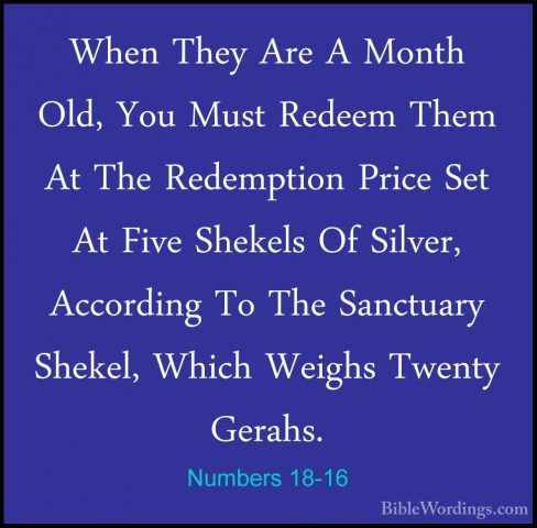 Numbers 18-16 - When They Are A Month Old, You Must Redeem Them AWhen They Are A Month Old, You Must Redeem Them At The Redemption Price Set At Five Shekels Of Silver, According To The Sanctuary Shekel, Which Weighs Twenty Gerahs. 