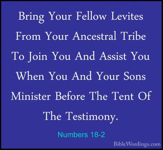 Numbers 18-2 - Bring Your Fellow Levites From Your Ancestral TribBring Your Fellow Levites From Your Ancestral Tribe To Join You And Assist You When You And Your Sons Minister Before The Tent Of The Testimony. 