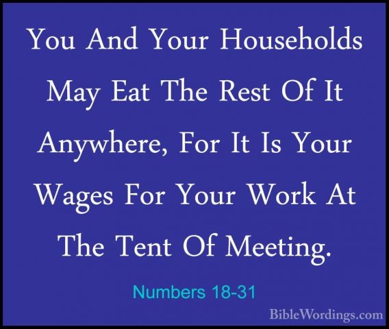 Numbers 18-31 - You And Your Households May Eat The Rest Of It AnYou And Your Households May Eat The Rest Of It Anywhere, For It Is Your Wages For Your Work At The Tent Of Meeting. 