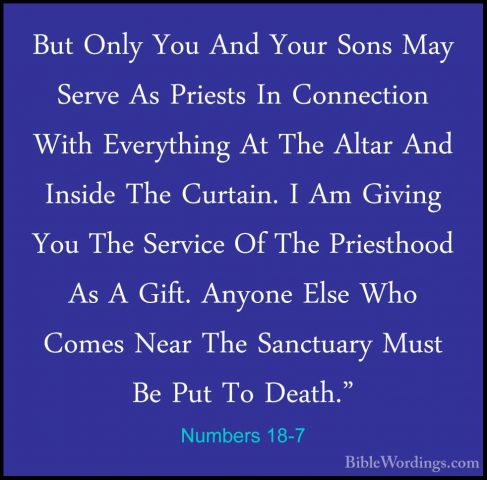 Numbers 18-7 - But Only You And Your Sons May Serve As Priests InBut Only You And Your Sons May Serve As Priests In Connection With Everything At The Altar And Inside The Curtain. I Am Giving You The Service Of The Priesthood As A Gift. Anyone Else Who Comes Near The Sanctuary Must Be Put To Death." 