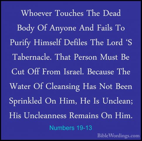 Numbers 19-13 - Whoever Touches The Dead Body Of Anyone And FailsWhoever Touches The Dead Body Of Anyone And Fails To Purify Himself Defiles The Lord 'S Tabernacle. That Person Must Be Cut Off From Israel. Because The Water Of Cleansing Has Not Been Sprinkled On Him, He Is Unclean; His Uncleanness Remains On Him. 