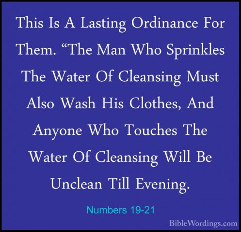 Numbers 19-21 - This Is A Lasting Ordinance For Them. "The Man WhThis Is A Lasting Ordinance For Them. "The Man Who Sprinkles The Water Of Cleansing Must Also Wash His Clothes, And Anyone Who Touches The Water Of Cleansing Will Be Unclean Till Evening. 