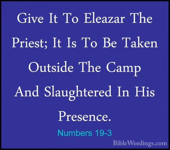 Numbers 19-3 - Give It To Eleazar The Priest; It Is To Be Taken OGive It To Eleazar The Priest; It Is To Be Taken Outside The Camp And Slaughtered In His Presence. 