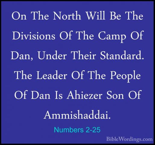 Numbers 2-25 - On The North Will Be The Divisions Of The Camp OfOn The North Will Be The Divisions Of The Camp Of Dan, Under Their Standard. The Leader Of The People Of Dan Is Ahiezer Son Of Ammishaddai. 