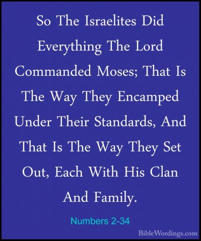 Numbers 2-34 - So The Israelites Did Everything The Lord CommandeSo The Israelites Did Everything The Lord Commanded Moses; That Is The Way They Encamped Under Their Standards, And That Is The Way They Set Out, Each With His Clan And Family.