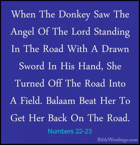 Numbers 22-23 - When The Donkey Saw The Angel Of The Lord StandinWhen The Donkey Saw The Angel Of The Lord Standing In The Road With A Drawn Sword In His Hand, She Turned Off The Road Into A Field. Balaam Beat Her To Get Her Back On The Road. 