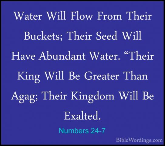 Numbers 24-7 - Water Will Flow From Their Buckets; Their Seed WilWater Will Flow From Their Buckets; Their Seed Will Have Abundant Water. "Their King Will Be Greater Than Agag; Their Kingdom Will Be Exalted. 