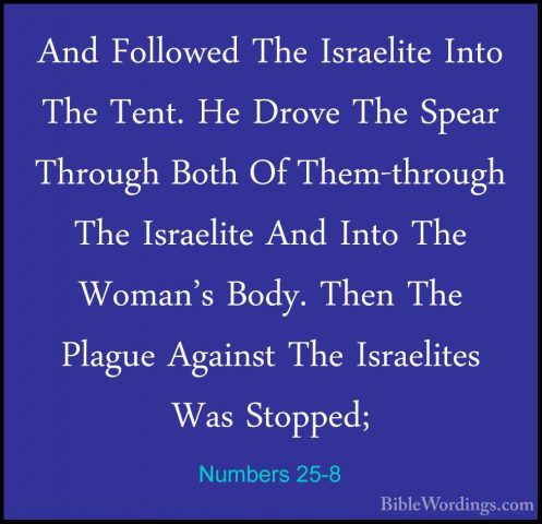 Numbers 25-8 - And Followed The Israelite Into The Tent. He DroveAnd Followed The Israelite Into The Tent. He Drove The Spear Through Both Of Them-through The Israelite And Into The Woman's Body. Then The Plague Against The Israelites Was Stopped; 