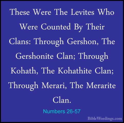 Numbers 26-57 - These Were The Levites Who Were Counted By TheirThese Were The Levites Who Were Counted By Their Clans: Through Gershon, The Gershonite Clan; Through Kohath, The Kohathite Clan; Through Merari, The Merarite Clan. 