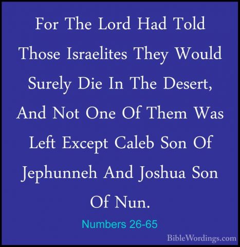 Numbers 26-65 - For The Lord Had Told Those Israelites They WouldFor The Lord Had Told Those Israelites They Would Surely Die In The Desert, And Not One Of Them Was Left Except Caleb Son Of Jephunneh And Joshua Son Of Nun.