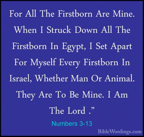 Numbers 3-13 - For All The Firstborn Are Mine. When I Struck DownFor All The Firstborn Are Mine. When I Struck Down All The Firstborn In Egypt, I Set Apart For Myself Every Firstborn In Israel, Whether Man Or Animal. They Are To Be Mine. I Am The Lord ." 