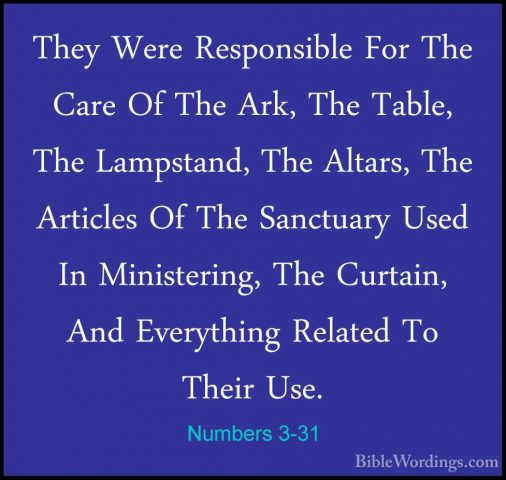 Numbers 3-31 - They Were Responsible For The Care Of The Ark, TheThey Were Responsible For The Care Of The Ark, The Table, The Lampstand, The Altars, The Articles Of The Sanctuary Used In Ministering, The Curtain, And Everything Related To Their Use. 